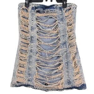 KROIX Acid Wash Distressed Denim Tube Top Mini Dress Blue Strapless XL
